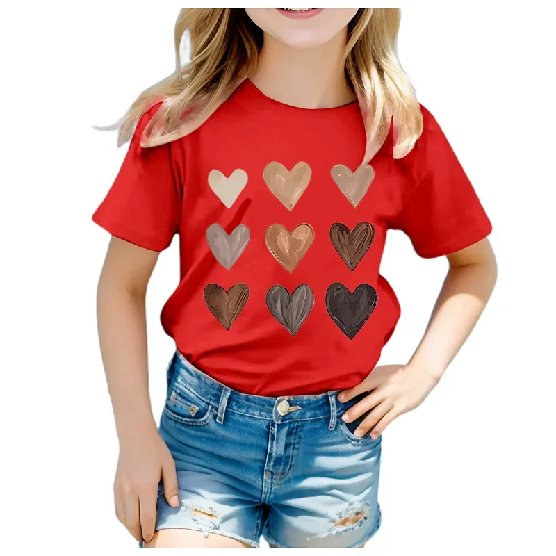 Chocolate Hearts Love Pattern Printed Girls Round Neck Short Sleeve T-Shirt Summer Wear Kids Clothes White/Red/Black Tshirt