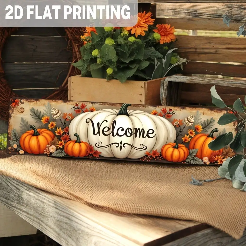 2D Flat, 1pc Rustic Farmhouse Welcome Pumpkin Metal - 164In Autumn Harvest Sign Featuring Orange Pumpkins, Brown Leaves With Cursive Welcome Text - Metal Farmhouse Decor For Kitchen, Entryway, Living Room - Fall Thanksgiving Ornament