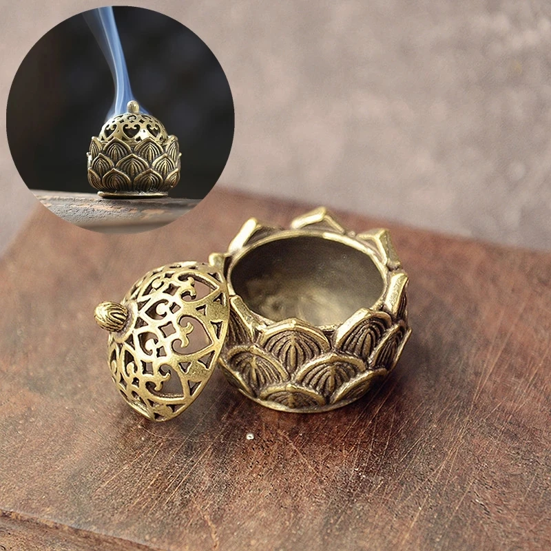 Retro Copper Small Lotus Pocket Hollow Out Incense Stick Burner Brass Incense Holder With Cover Home Decoration Sandalwood Cense