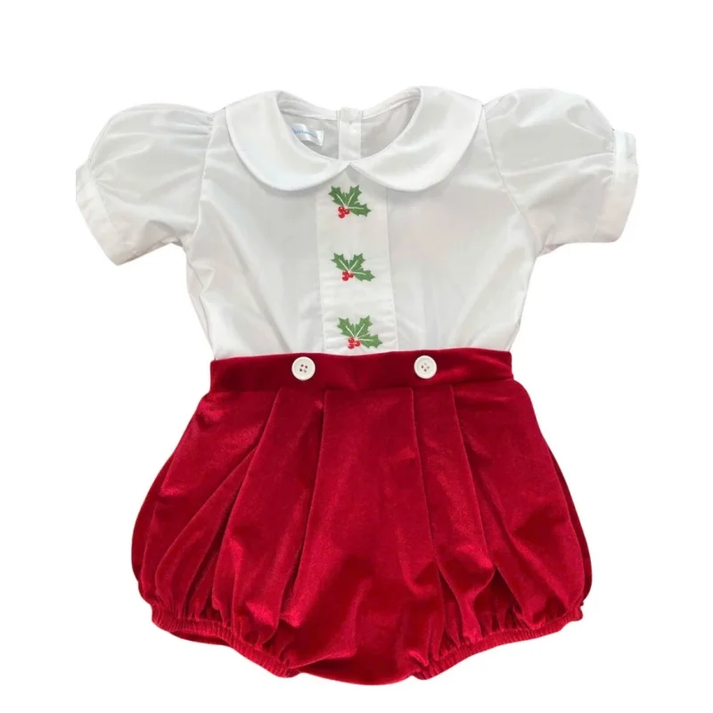 Autumn Winter Baby Boy Red Velvet Holly Leaf Embroidered Short Sleeve Outfit Suit for Birthday Party Christmas Photography C387