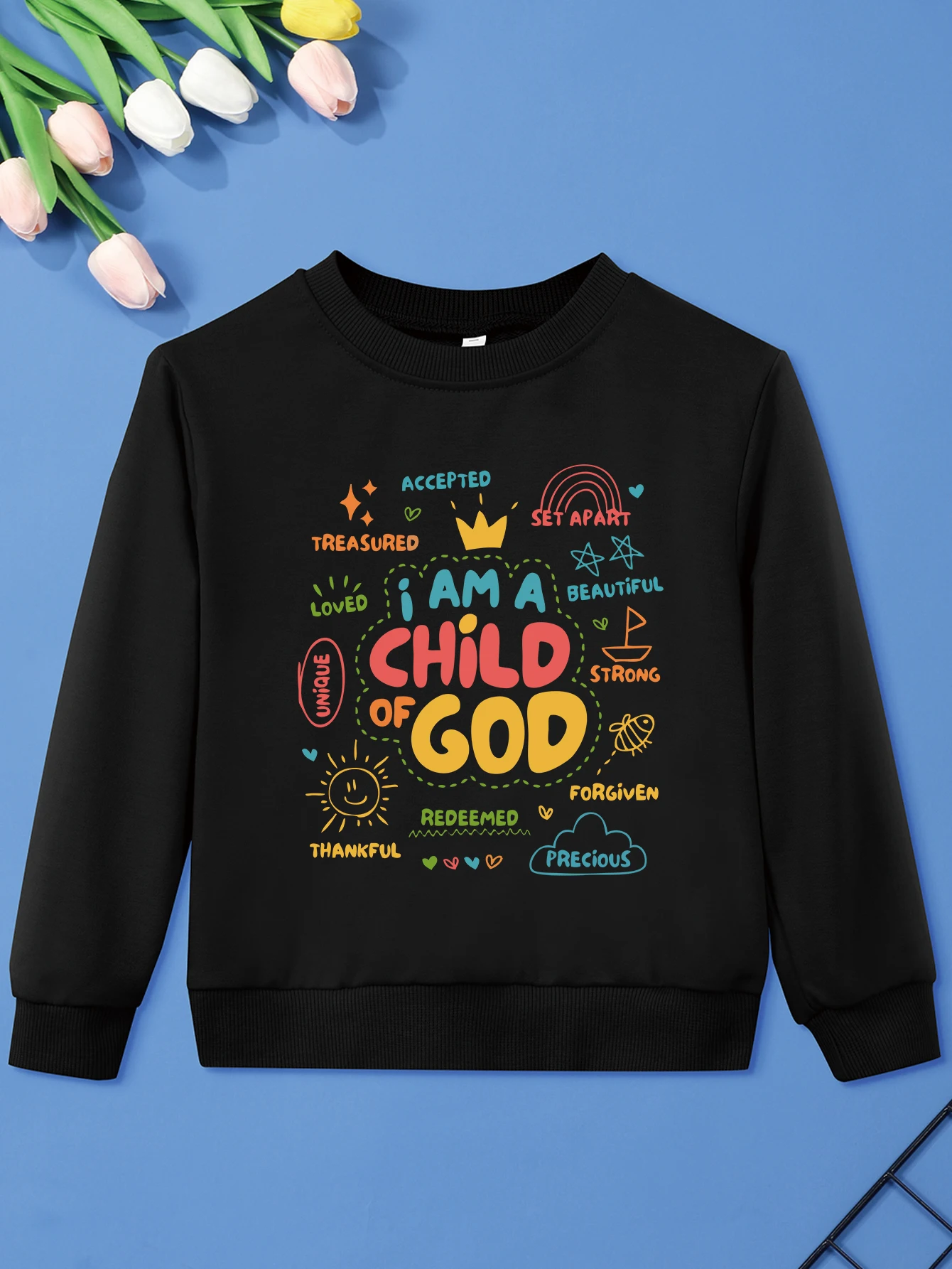 Kid Sweatshirt Funny Hand Drawn I AM A CHILD OF GOD Print Baby Girl Boy Sweater