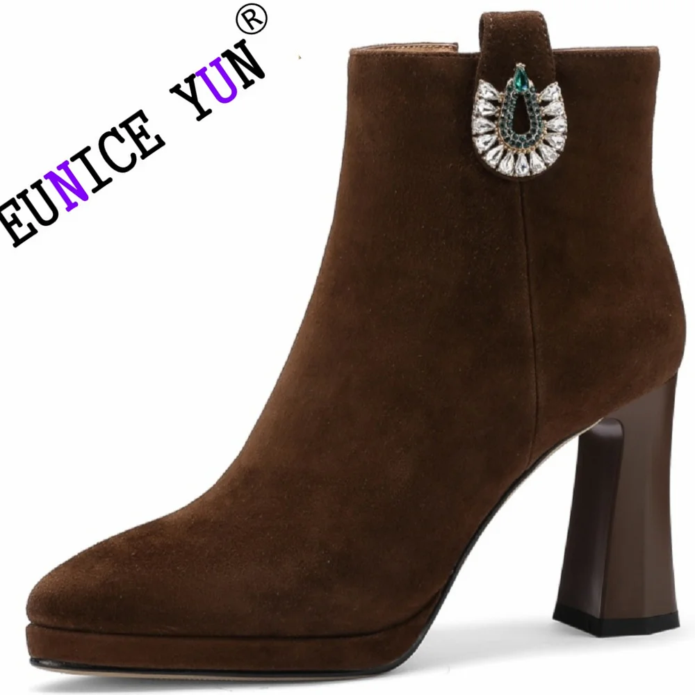 

【EUNICE YUN】New Brand Genuine Leather SHoes Woman Ankle Boots CHunky High Heels Platform Dress Party Office Lady 33-40