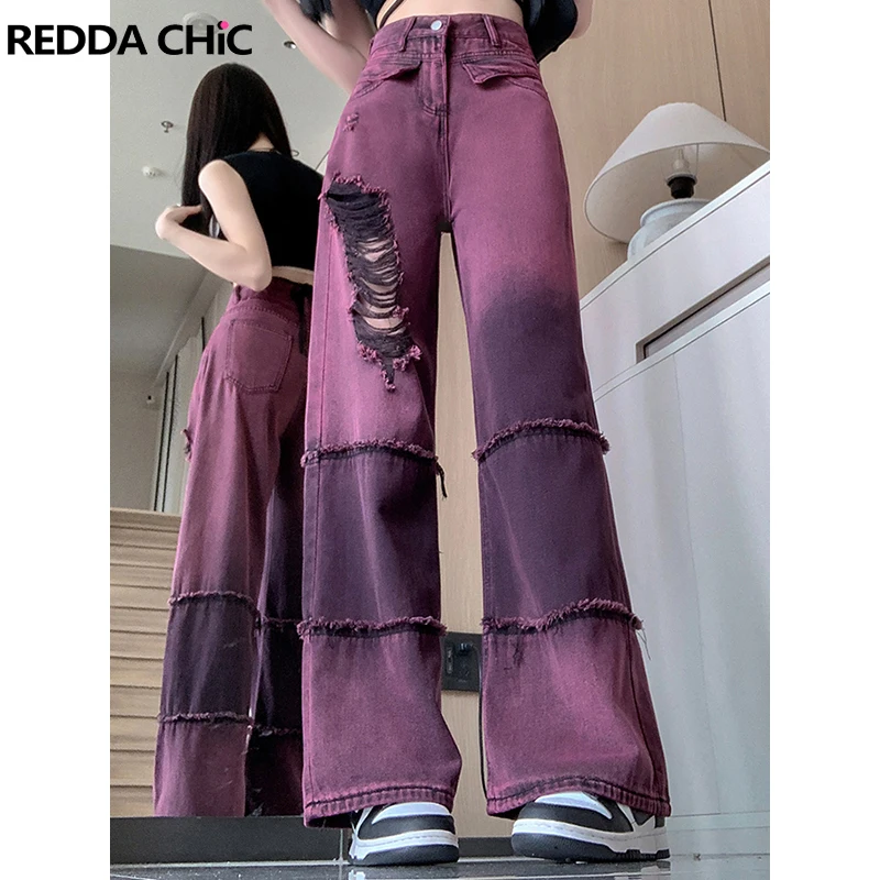 ReddaChic Ripped Gradient Washed Women Baggy Jeans Patchwork Frayed Hiphop Wide Leg High Waist Trousers Vintage Y2k Streetwear