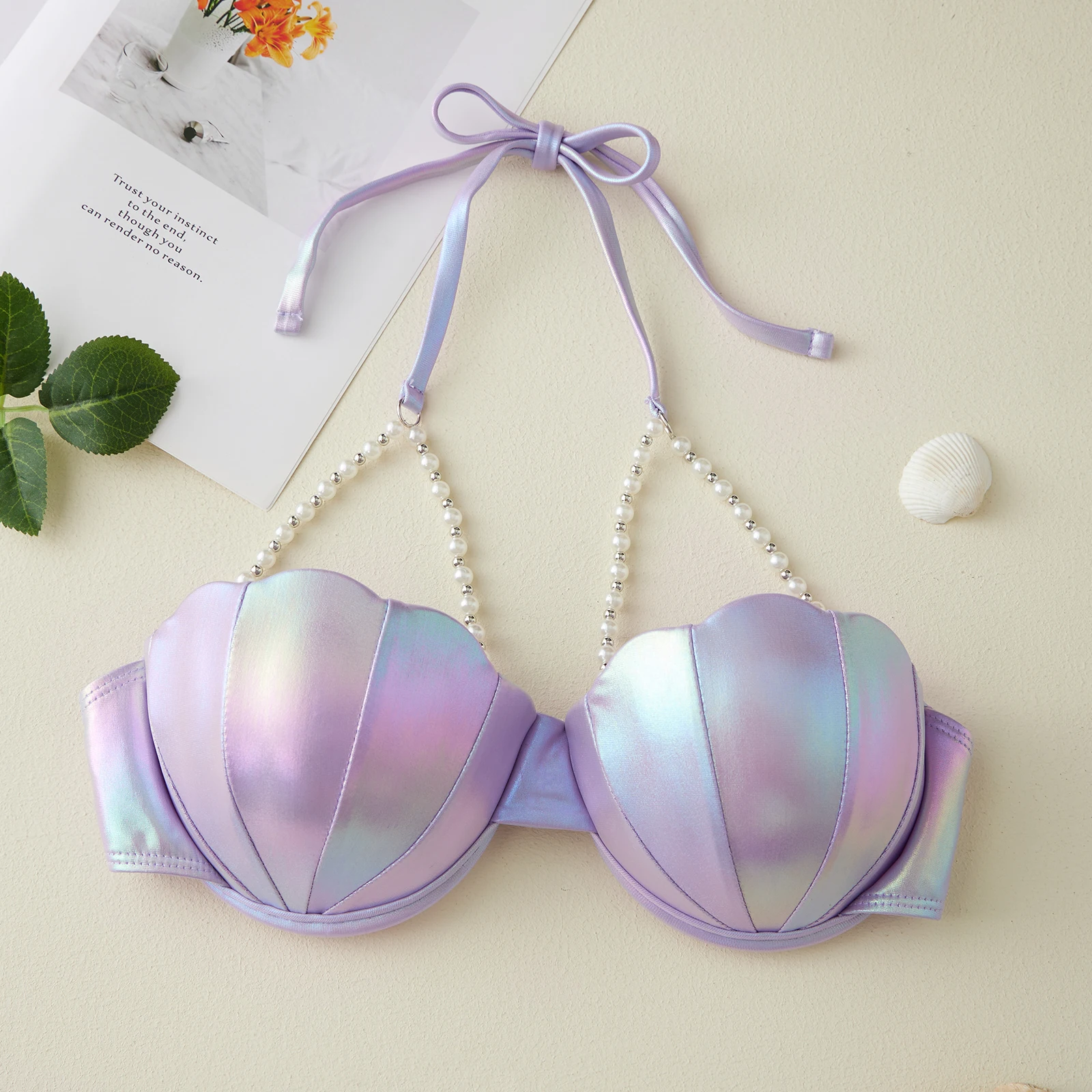 Beading Bikini Tops for Women Halter Neck Sequins Shell Bathing Suit Swim Tops Beach Style Resort Wear