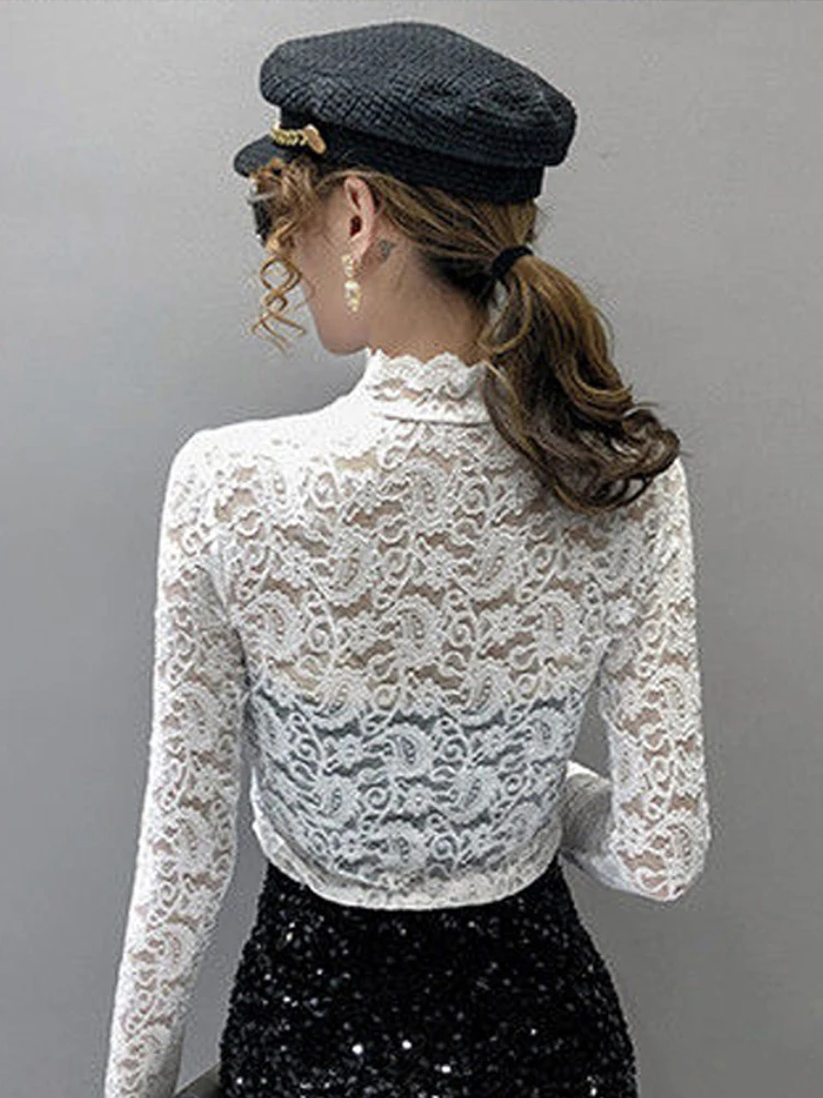 New Mesh Lace O Neck Long Sleeve T Shirt Girl White Black Apricot Color Female Blouses S-2XL Tops Transparent Lace Blouse Women — zdjęcie 2