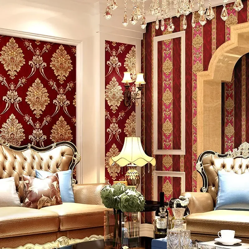 European Style Blue Damask 3D PVC Embossed Wallpaper Luxury Bedroom Living Room Striped Vinyl Wall Paper Floral papel de pared