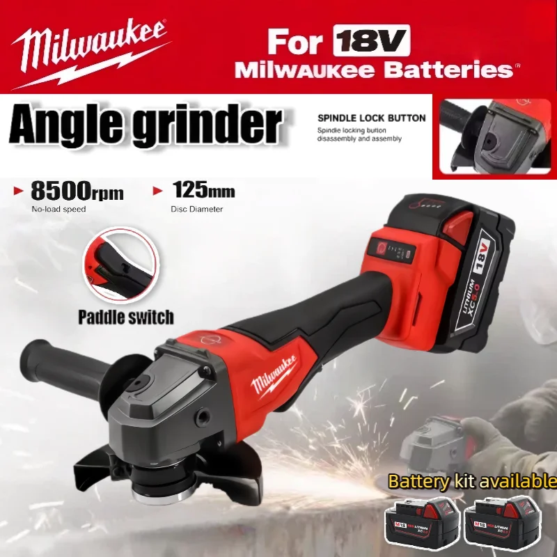 

Milwaukee 125mm Cordless Angle Grinder Brushless Angle Grinder Polishing Cutting Machine No-Lock Paddle Switch Power Tools