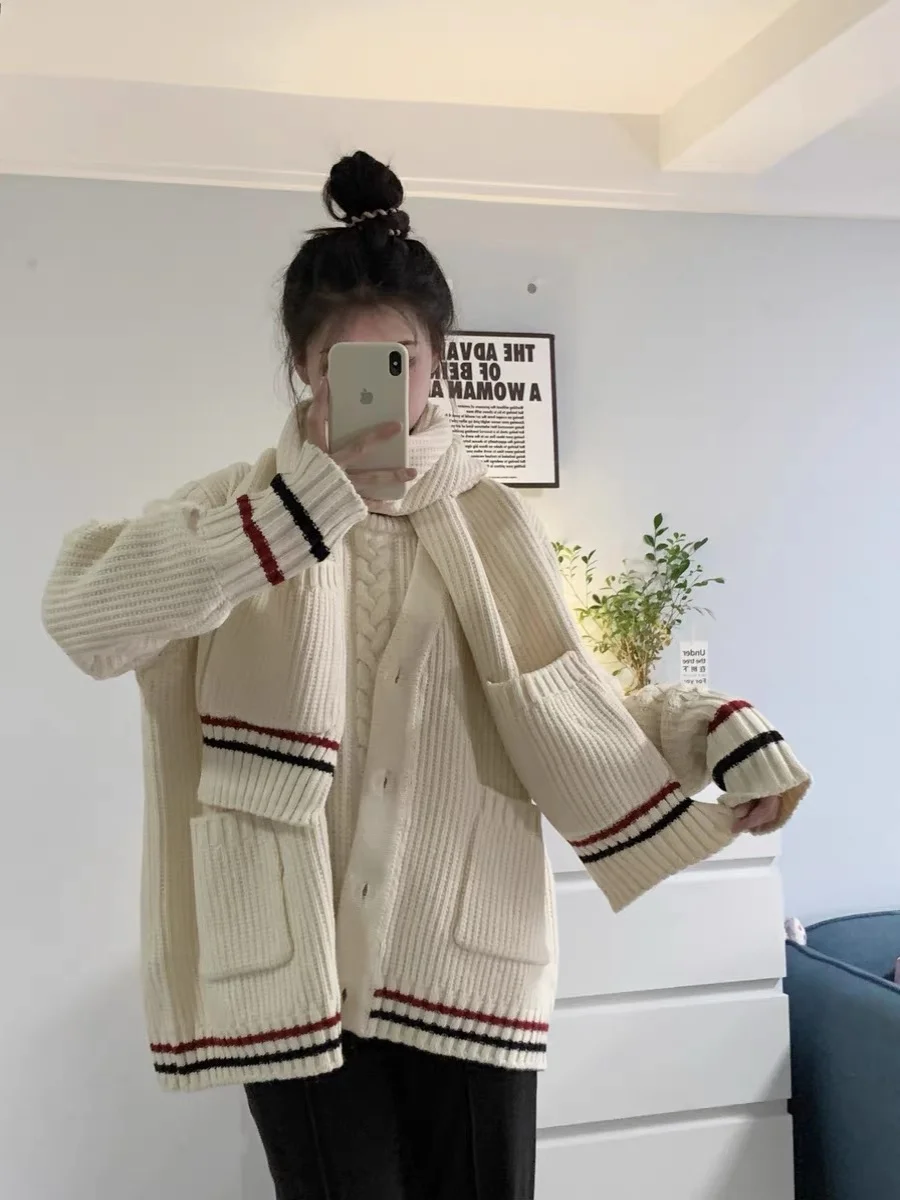

High Gauge Wool Women's Sweater Cardigan Scarf Three-Piece Set Sweet Style Striped Knittedwear Thin Long Sleeve Regular Length