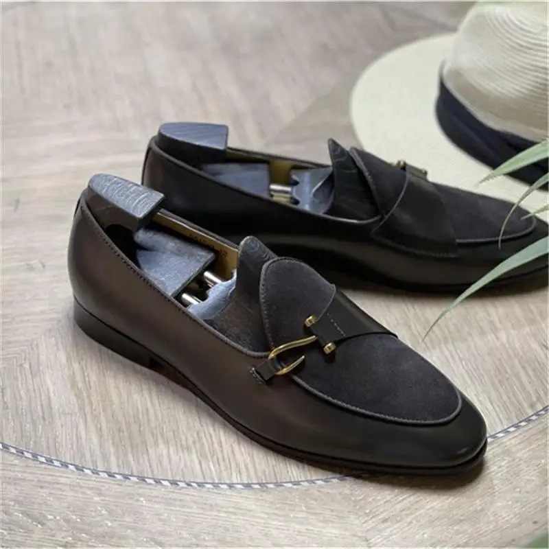 Black Genuine Leather Men Loafers Round Toe Low Heel Shoes Classic Hook Slip-On Fashion Party Business Casual Dress Daily  Shoes