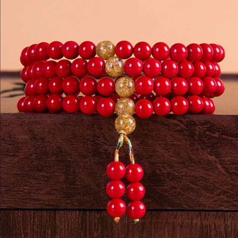 Taiwan Vermilion Bracelet 108 Red Vermilion Bracelets Buddha Beads Natural Vermilion Multi Circle Men's and Women's Prayer