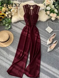 Spring New Jumpsuit Women Hollow Backless Sleeveless Lace Spell Receiving Waist Wide Leg Pants Overalls for Women Bodysuit