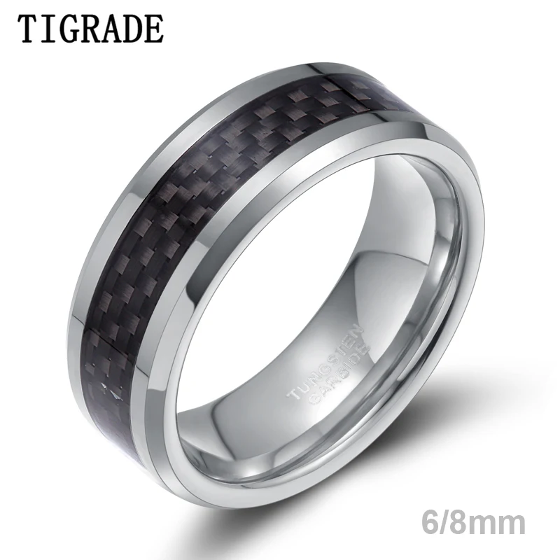 Tigrade 6/8mm Black Carbon Fiber Men\'s Ring Tungsten Carbide Engagement Ring Wedding Band Men Women Design anel mascul