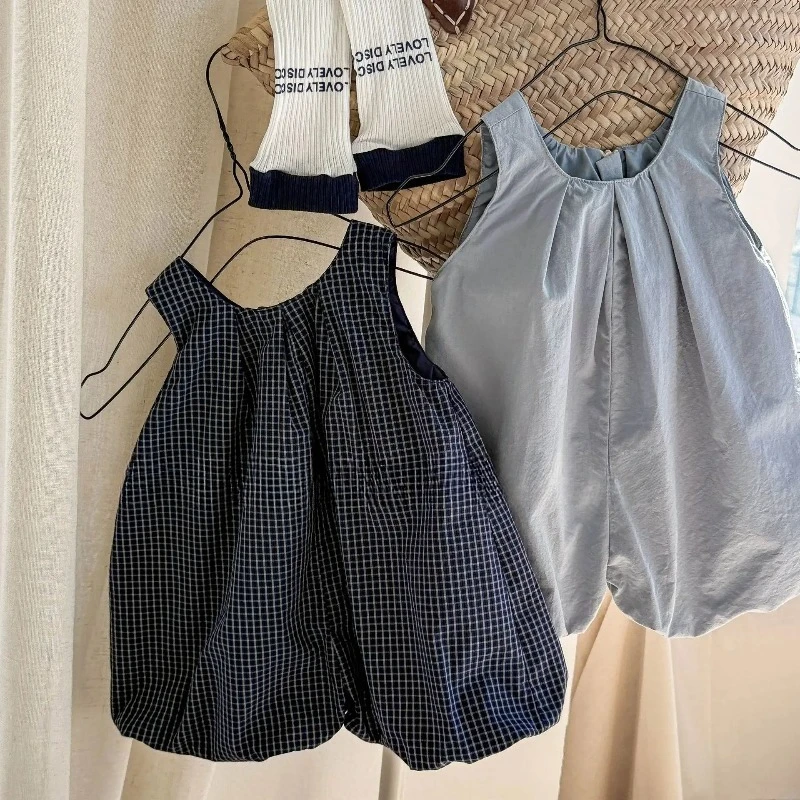 

New Summer Children Plaid Lantern Jumpsuits Sleeveless Loose Korean Style Baby Girls Casual Bodysuits
