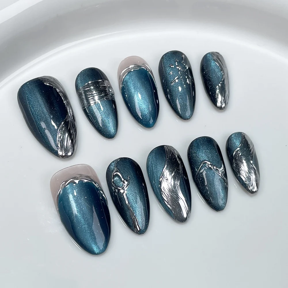 

Handmade Almond Press on Nails Simple Cat Eye Metallic Design Reusable Wearable False Nails Acrylic Nail Tips Desired Life Store