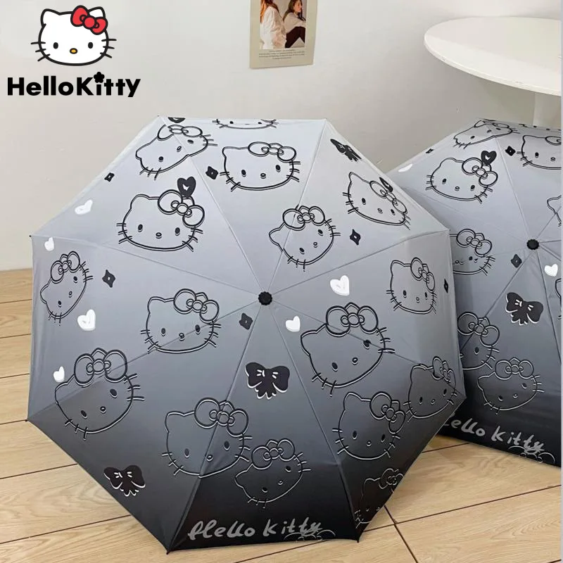 Sanrio Hello Kitty Umbrella Girl All Weather Gradient Color Folding Umbrellas Women Outdoor Accessories Black Coating Umbrella