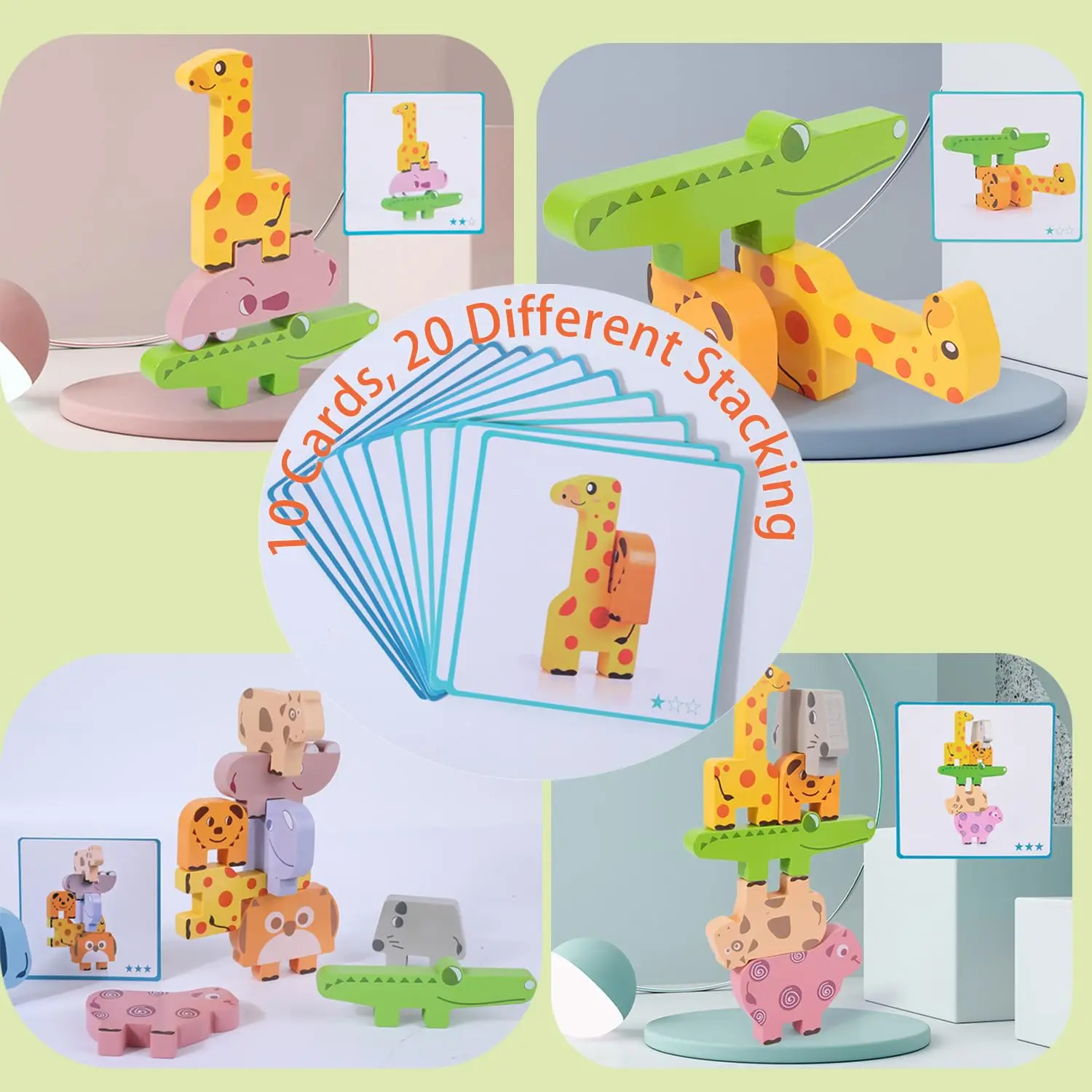 10 Pcs Wooden Animal Blocks Sorting & Stackin with Cards for Toddlers Kids Montessori  Preschool Educational Learning Toys