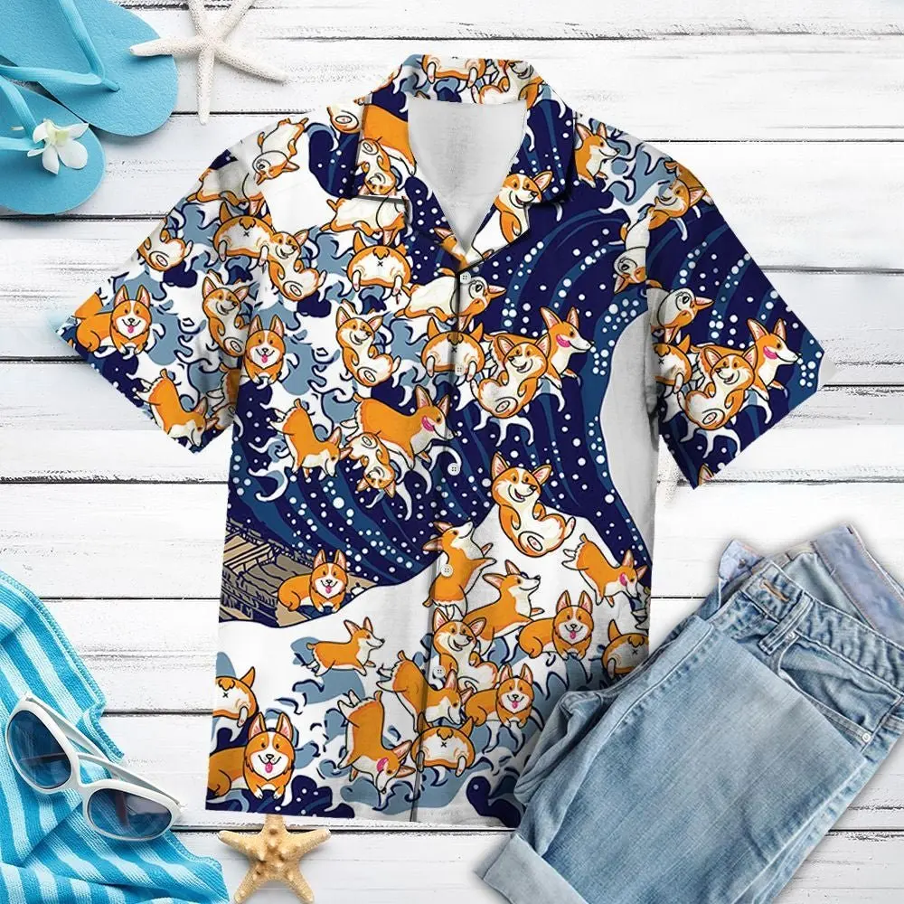 New Hawaii Shirts Kawaii Corgi Print Japanese Style Short Sleeve Button Up Cartoon Shirts Summer Oversize for Men And Women