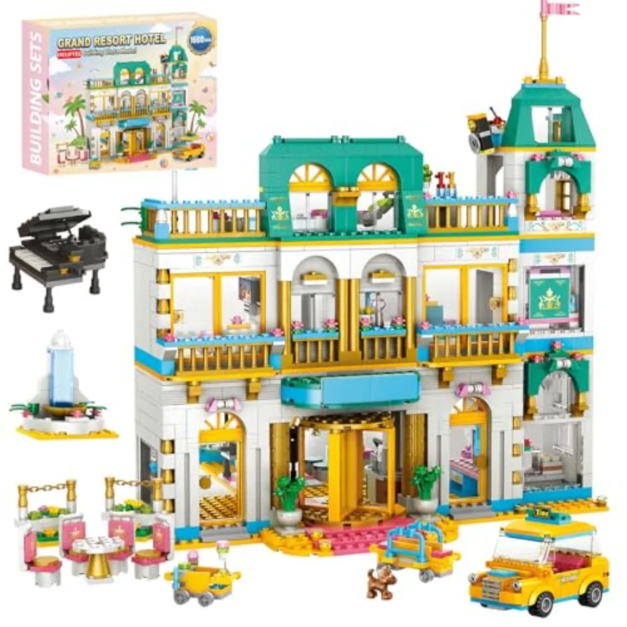 

Grand Resort Hotel Building Blocks: Luxury Vacation Hotel Model with Taxi, Piano Fully Furnished Interior, Modular Architecture