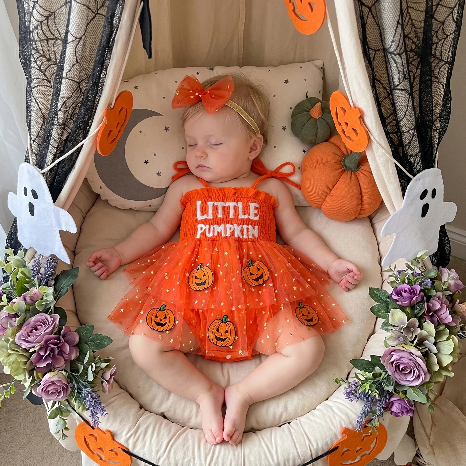 Baby Girl Halloween Outfit Newborn Infant Pumpkin/Ghost Dress Romper Toddler Sleeveless Strap Tutu Bodysuit+ Bow