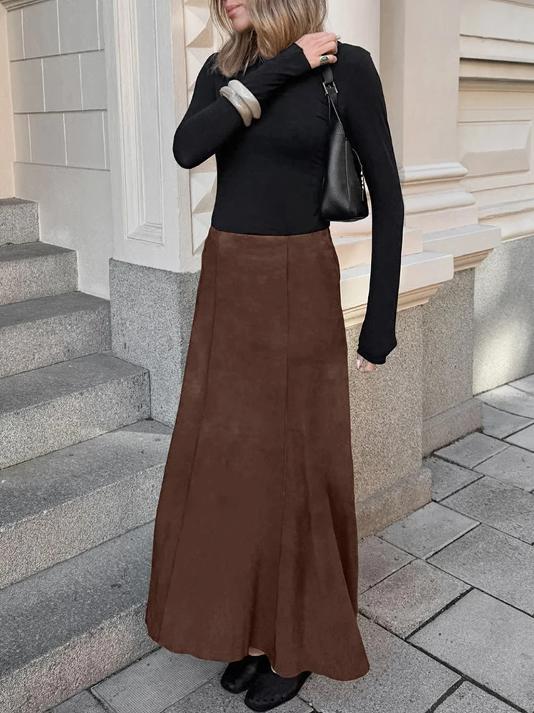 Aynaray Winter Spring 2024 Women Midi Suede Skirts Solid Brown High Waist Trumpet Skirt For Women