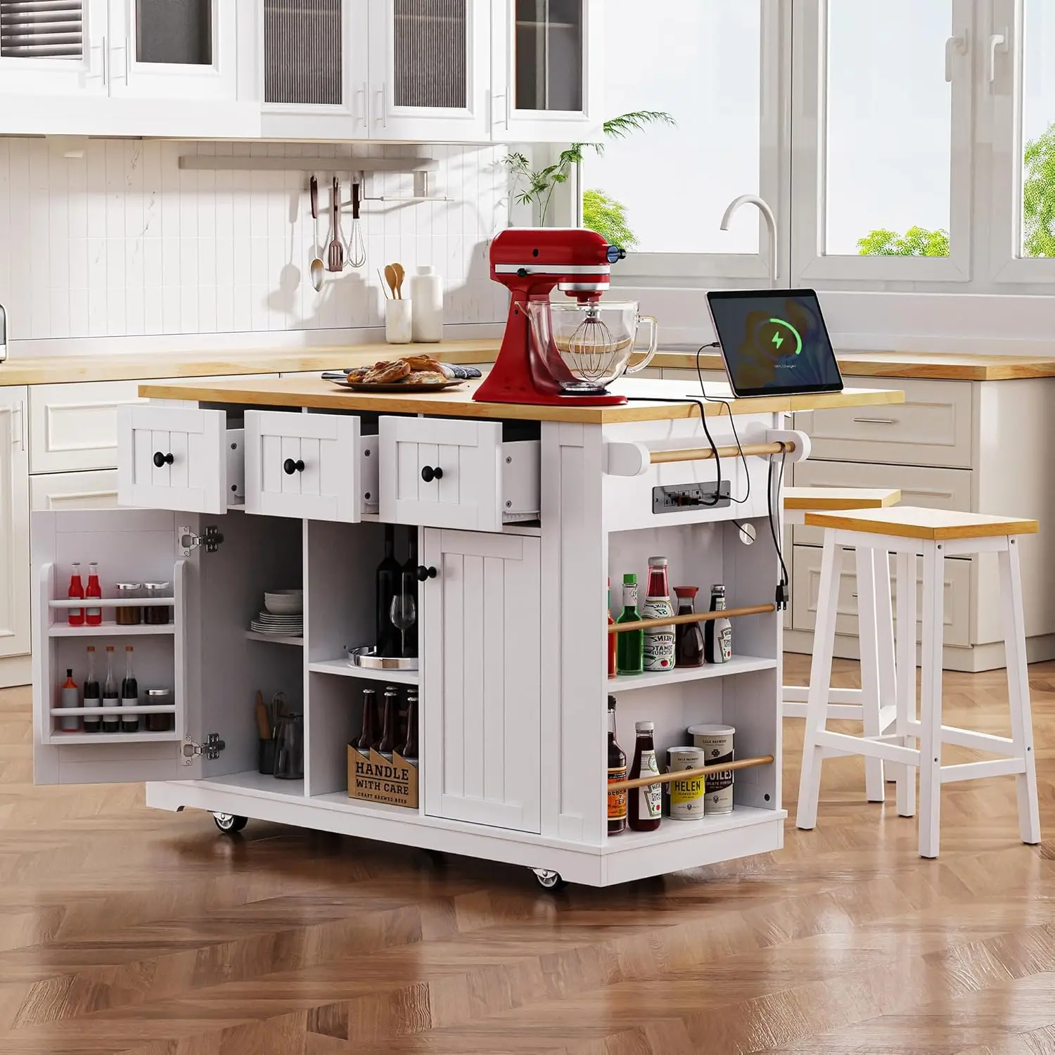 Rolling Kitchen Island with Drop Leaf and Power Outlet - Moveable Kitchen Storage Island  Carts with Racks, Drawers and Shelves