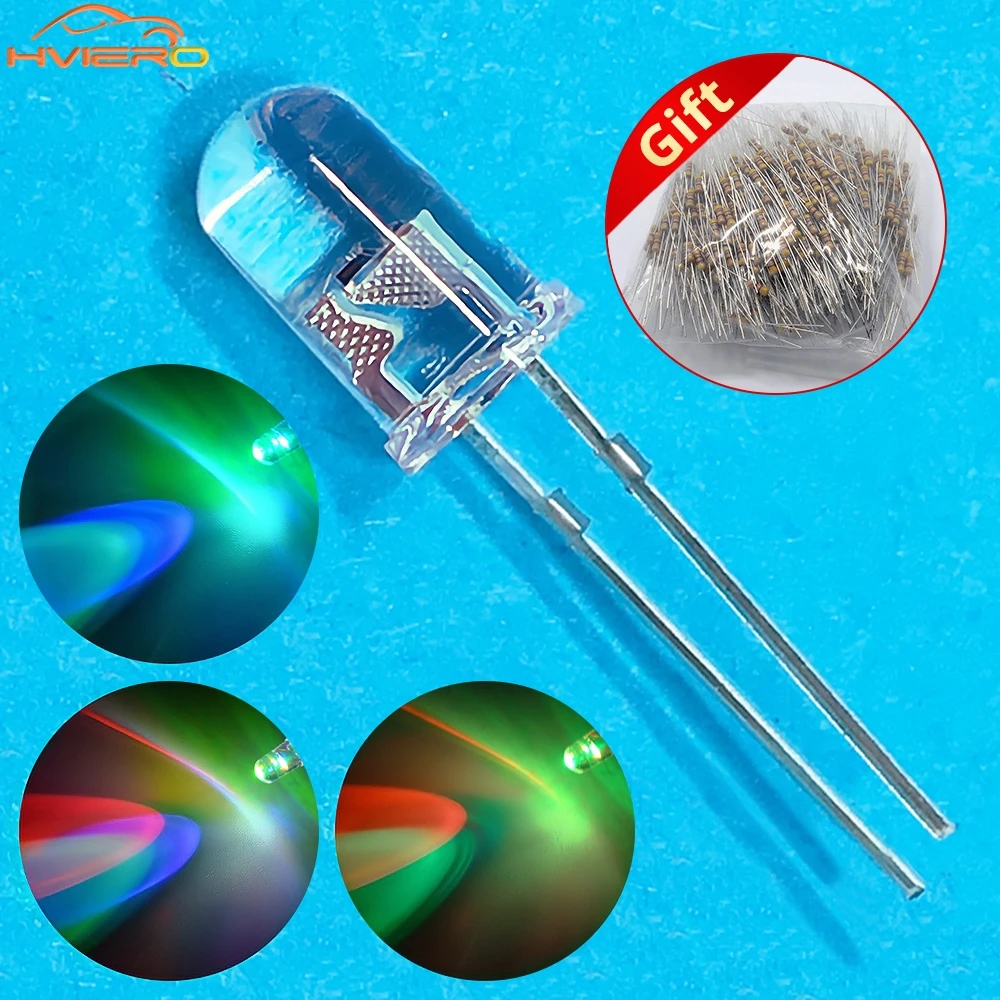 100Pcs F5 5mm Okrągłe koraliki świetlne Powolna dioda błyskowa RGB Szybka dioda LED 470 Ohm Tęczowa wielokolorowa emitująca wodę przezroczysta lampa