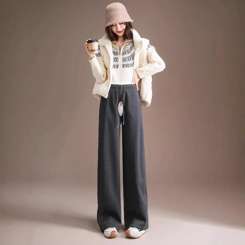 بنطلون نسائي مفتوح المنشعب جينز نسائي عالي الخصر من القطن لخريف وشتاء 2025 فضفاض غير رسمي من القطن المخملي