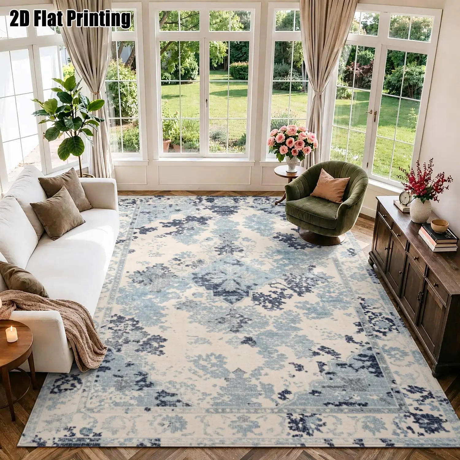 1Pc 2D Printed Carpet: Blue-Grey Retro European Pattern, Modern Minimalist Instagram-Style, Machine Washable, Multi-Size, Ideal for Home Decor Multi-Scene Use