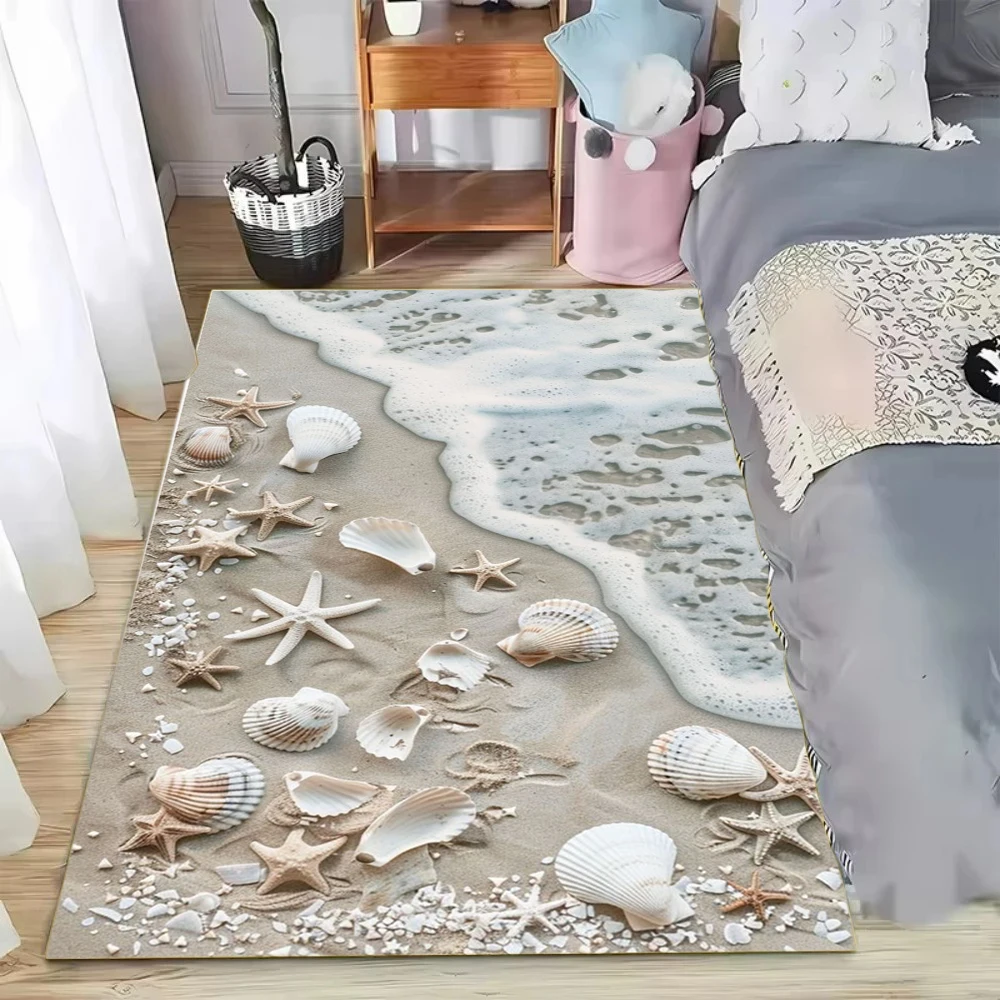 

Beach Themed Carpet Mat Rug Home Decoration Sand Wave Pattern Floor Mat with Starfish Shell Area Rug for Bedroom Living Room