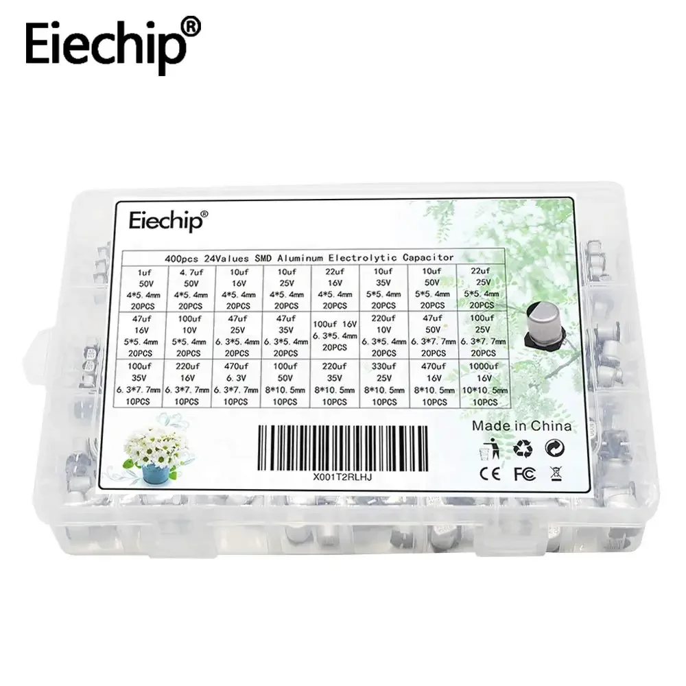 

Eiechip 400pcs/lot 1uF-1000uF 24 Values Assorted Kit Electrolytic Capacitor SMD Aluminum Electrolytic Capacitor