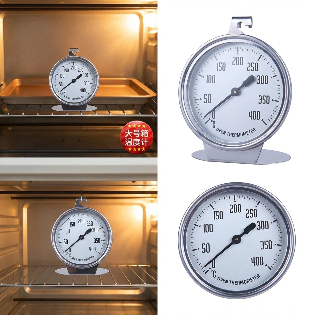 Edelstahl-Ofenthermometer 0-400 ° C Großes Zifferblatt – zum Aufhängen oder Aufstellen für Backen, Grillen, Kochen, Messen der Temperatur von Fleisch und Lebensmitteln – Detail 4