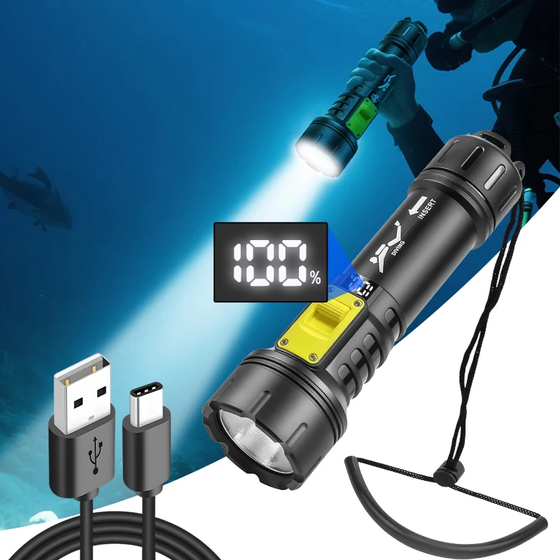 Neue XHP70 Tauchen Taschenlampe IPX8 Wasserdichte Digitale Lade Fall Dual-Use Unterwasser Land High-Intensität Taschenlampe