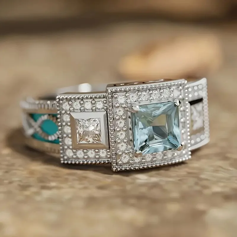 

Fashion and trendy lace ring, drip oil set diamond sea blue zircon women's ring