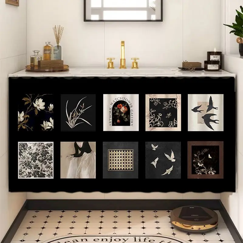 VIKAMA Black Vintage Art Patchwork Cabinet Curtain, 6 Designs, Short Curtain for Kitchen Cabinet Door Decor