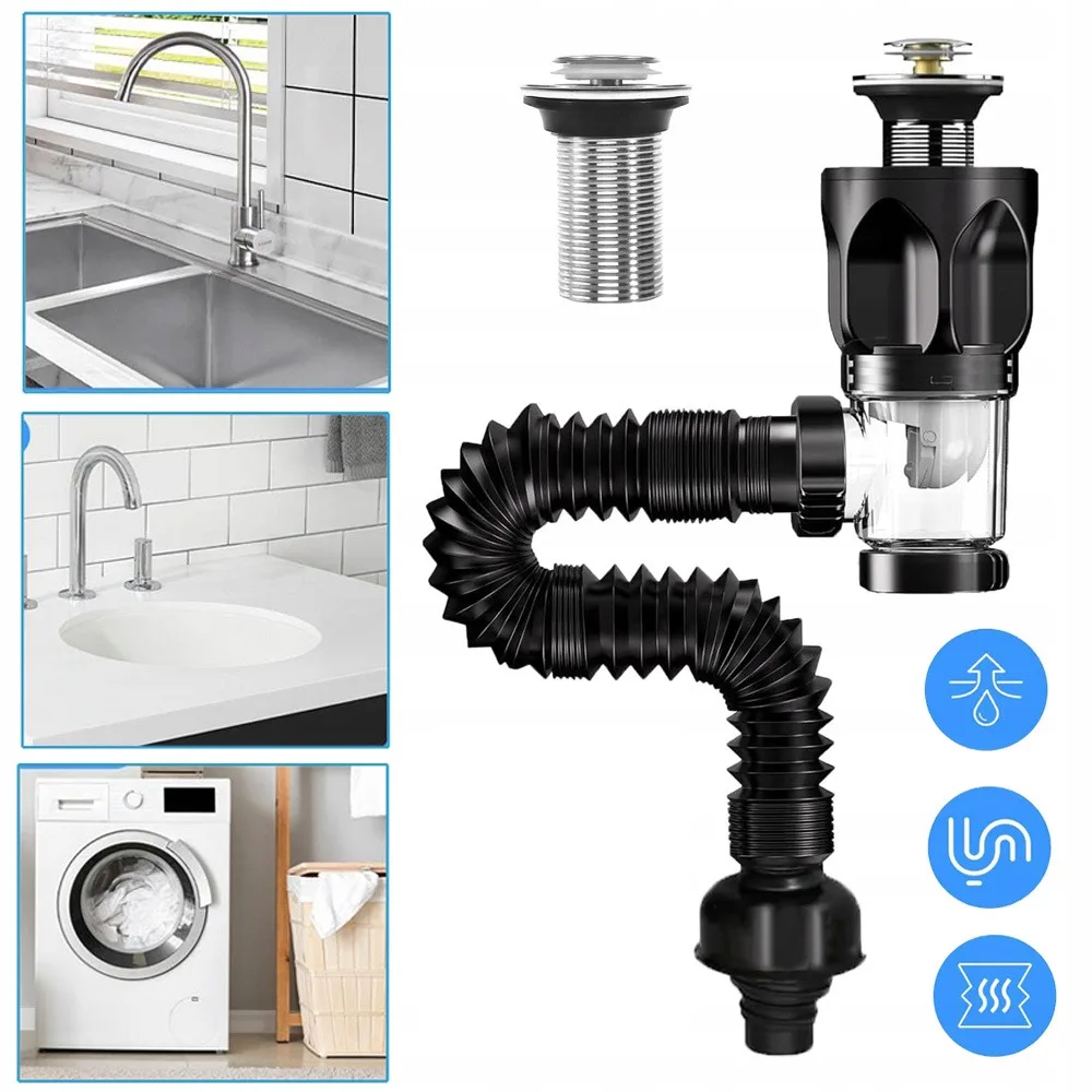 Kit de vidange pour lavabo de salle de bain, kit de raccordement de tuyau d'évacuation des eaux usées, tuyau d'évacuation flexible, siphon anti-odeur pour lavabo, tuyau d'évacuation extensible pour baignoire, lavabo et évier de cuisine