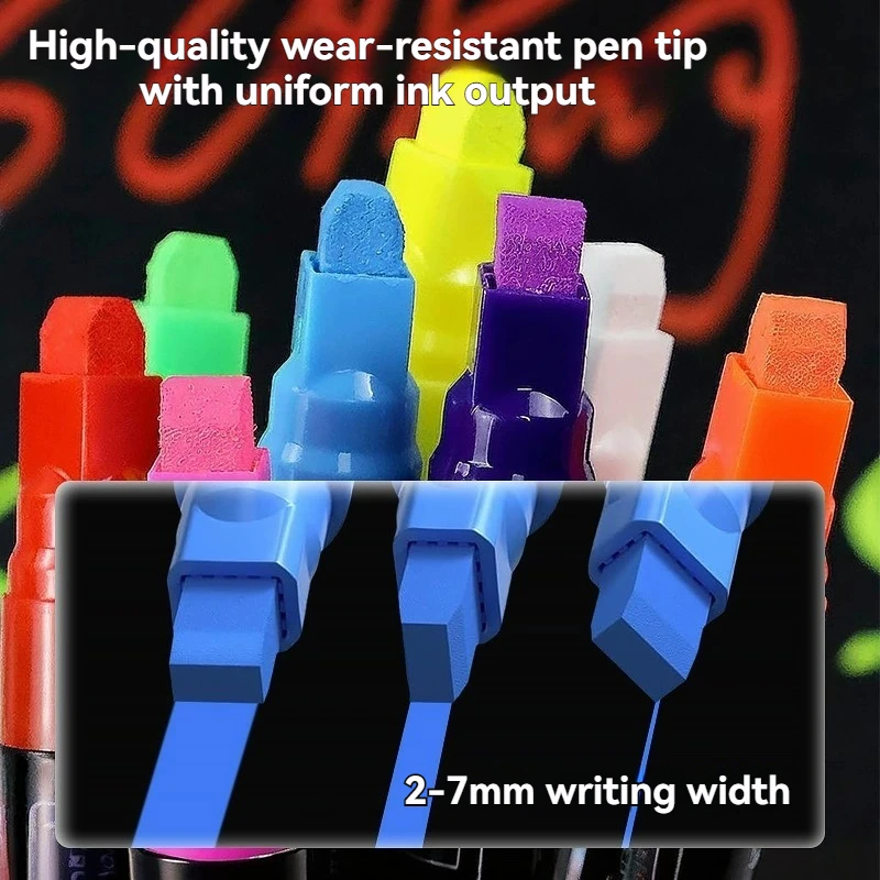 8 Colors Neon Liquid Chalk Markers, 7mm Tip Wet‑Erase Washable Chalk for Blackboard Glass Window LED Board DIY Art Supplies