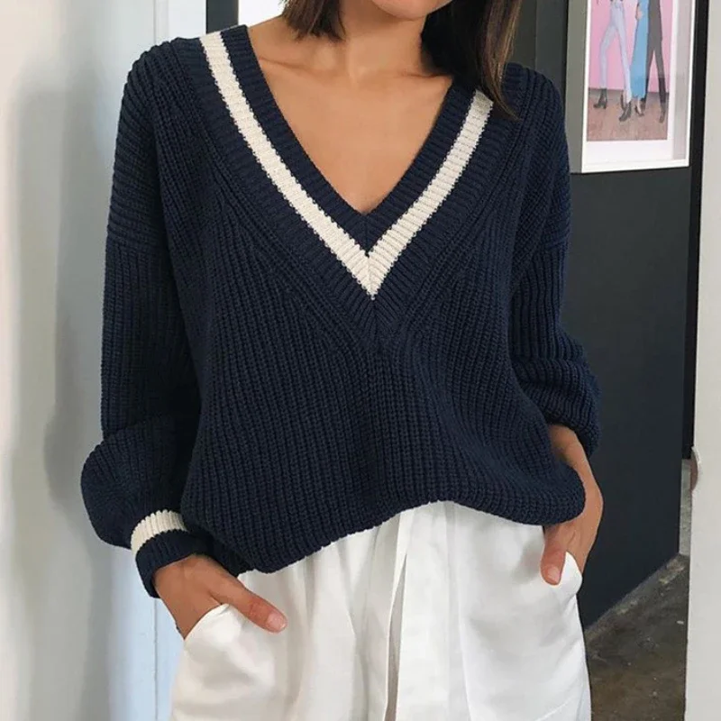 V-neck Sweater Kintted Women Thick Loose Pullovers Navy Spring Autumn Winter Jumper White Y2k Top Crochet Jumper Streetwear