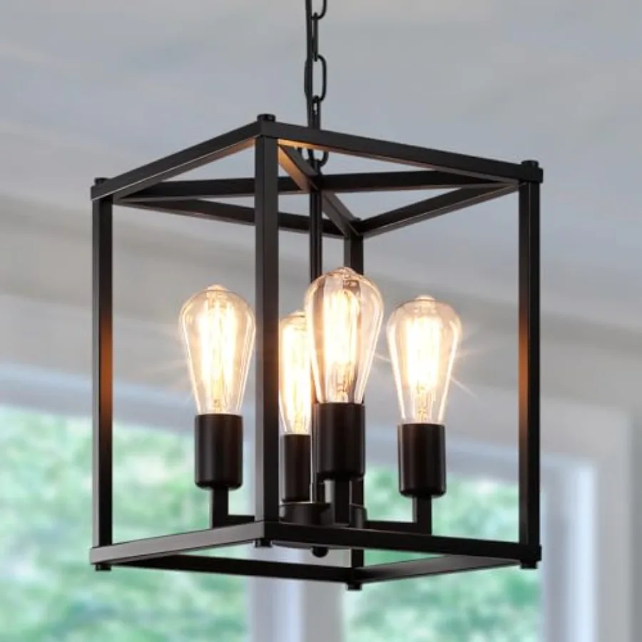 Black Chandelier Dining Room Light Fixtures, 4-Light Farmhouse Chandelier Metal Cage Hanging Pendant Lighting Adjustable Height
