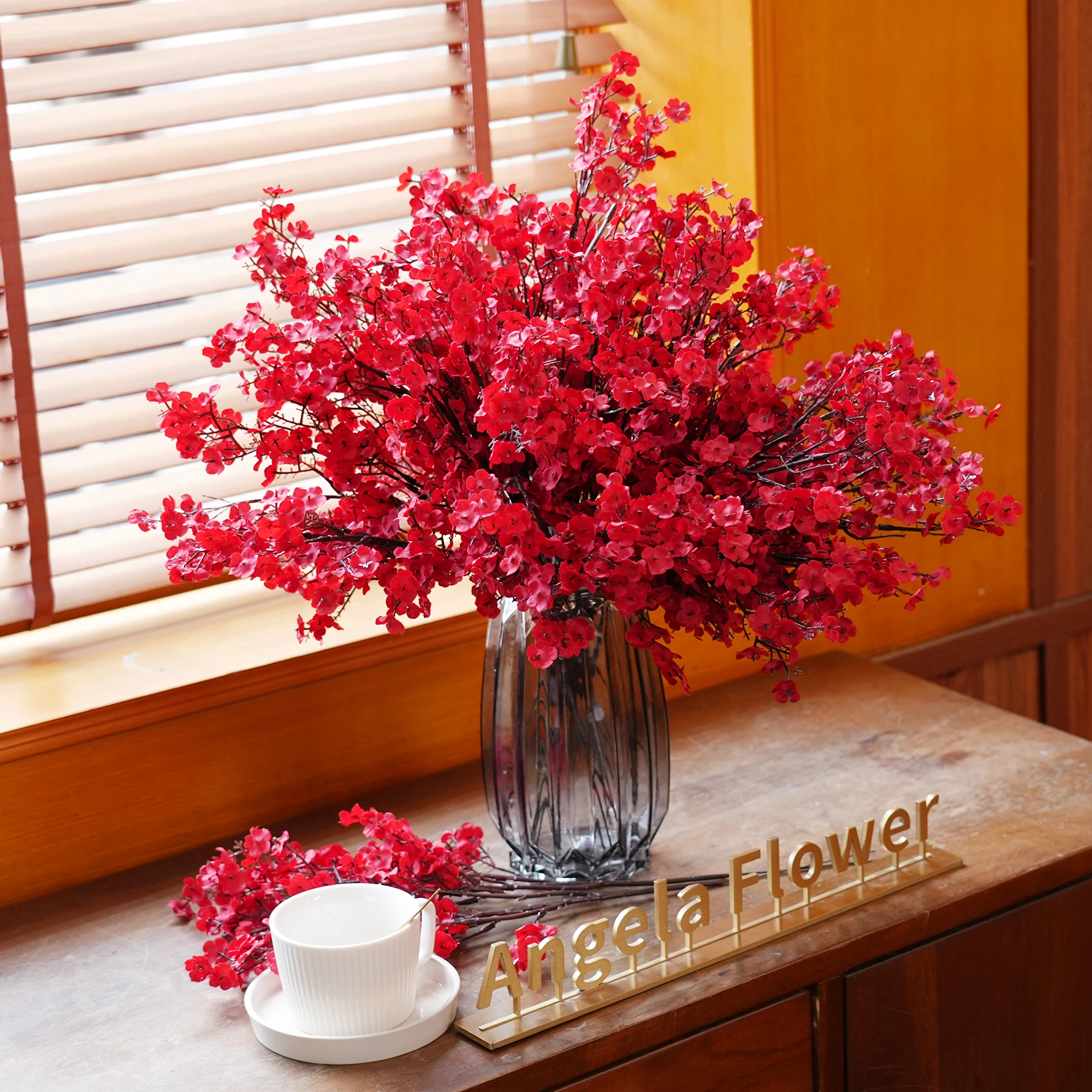 رومانسية الأحمر Babysbreath زهرة فرع الزفاف باقة اليد الدعائم المنزل الجدول الديكور اكسسوارات نافذة عرض A3910