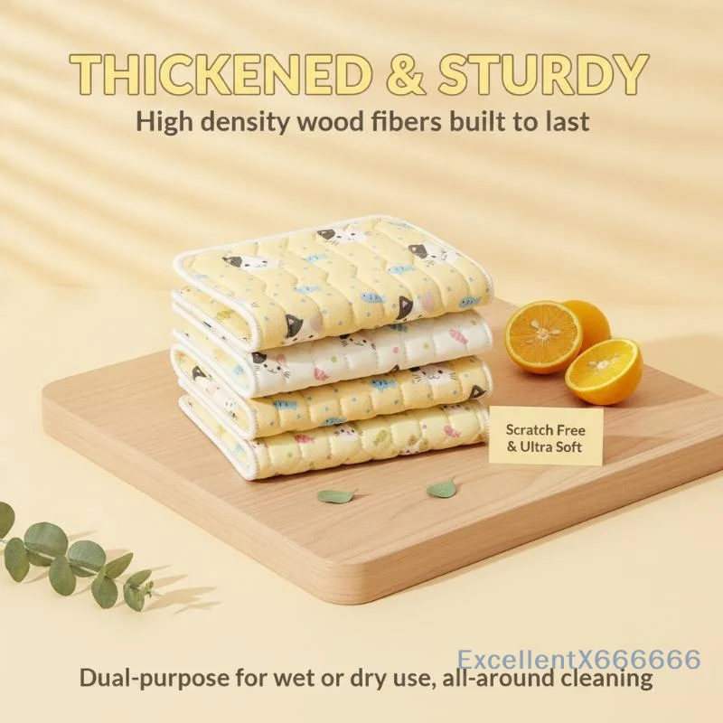 3Pcs Wood Fiber Dish Cloths Thickened Scouring Pads Non-Stick Oil Strong Stain Removal Kitchen Cleaning Cloths