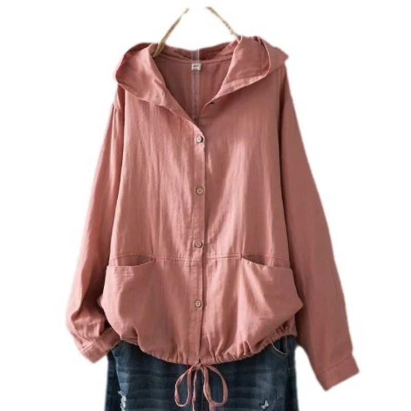 

Хлопковые блузки больших размеров для женщин, осенне-весенние однобортные рубашки с капюшоном и длинными рукавами, регулируемая корейская женская одежда