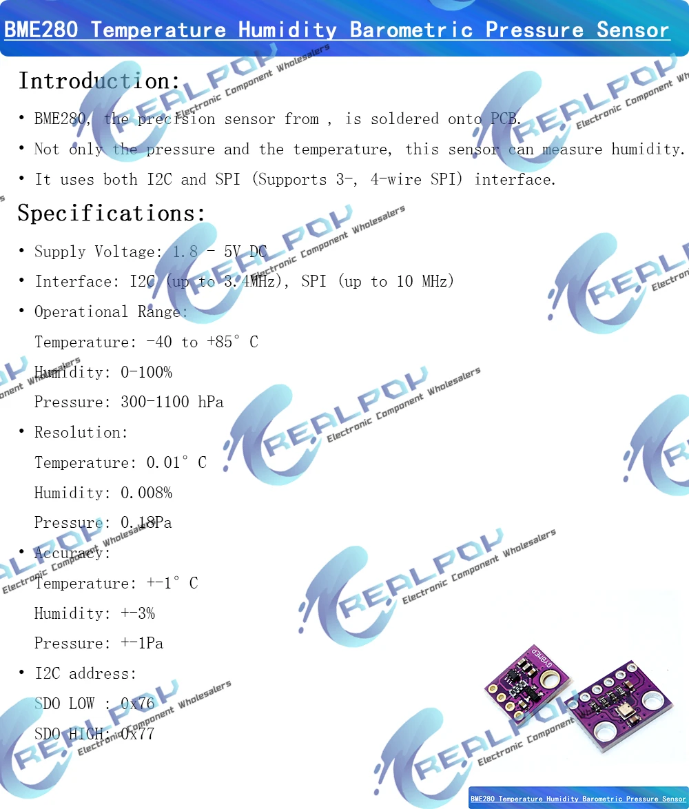 Realpoy BME280 3,3V 5V Temperatur- und Feuchtigkeitssensor Atmosphärischer Luftdrucksensor-Modul mit IIC I2C Breakout-Board – Detail 1