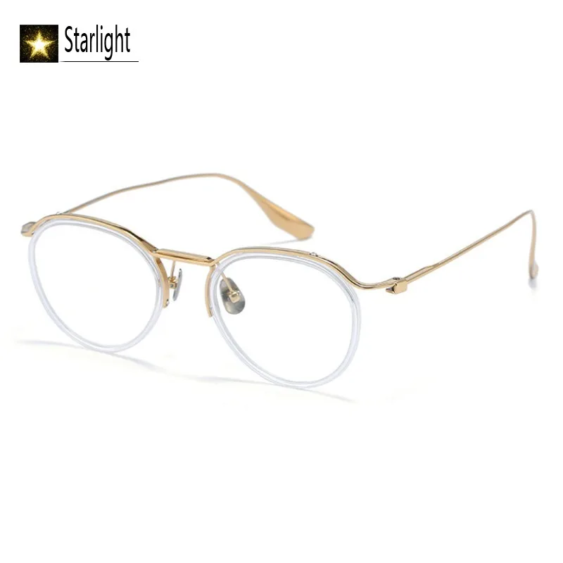 超軽量チタンラウンドビジネスメガネフレーム抗青色光女性近視読書ゴールデン眼鏡フレーム男性男性-140-ミリメートル