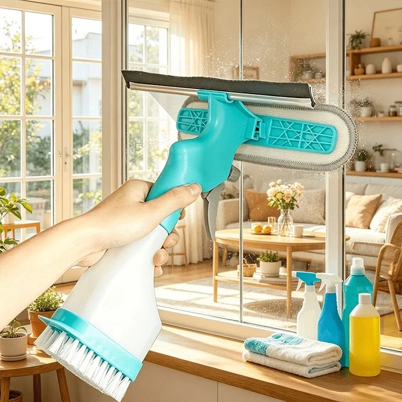 Versatile 4-in-1 Glass Cleaner Brush with Spray, Scraper, and Scrubbing Options - Ideal for Windows, Mirrors, Tiles