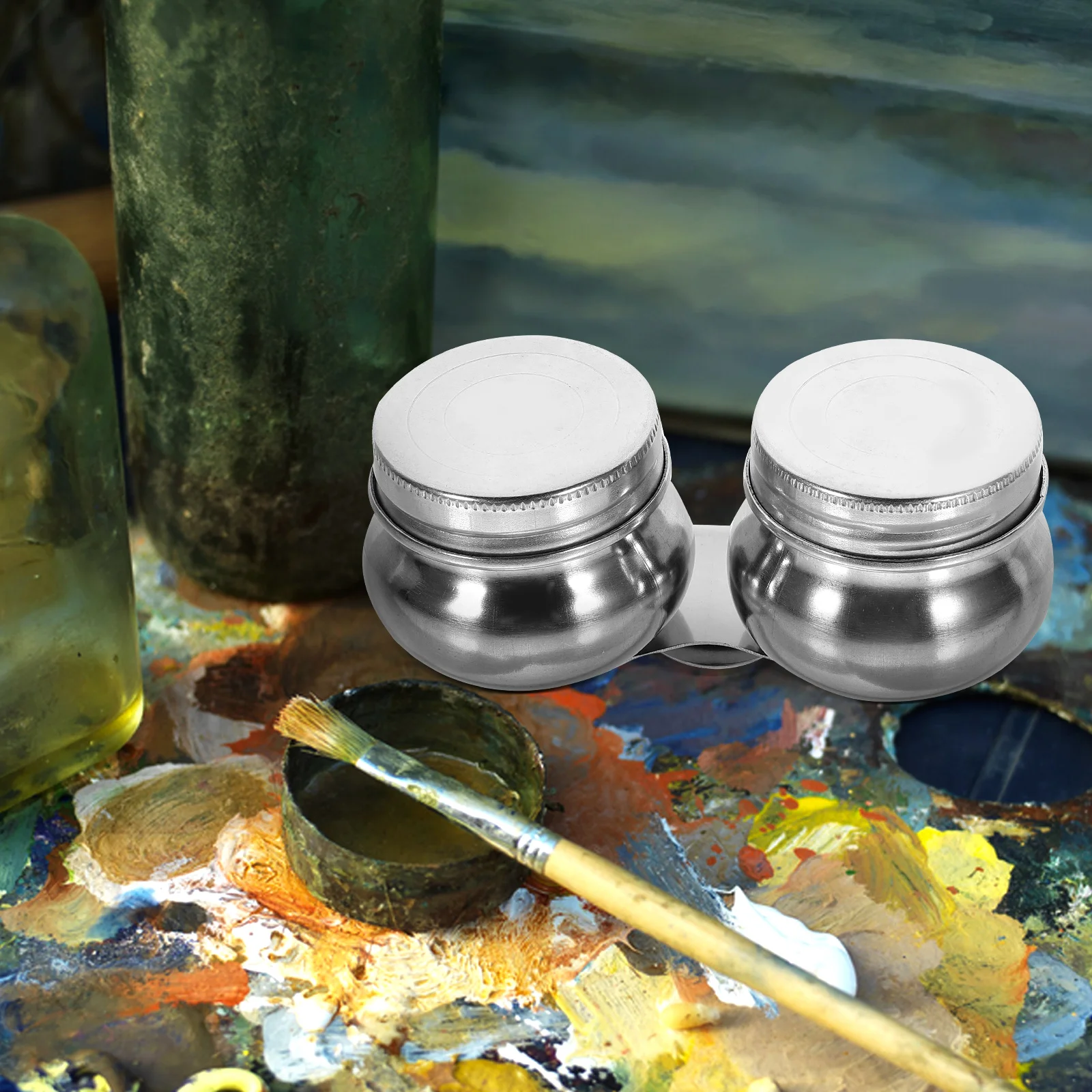 

2Pcs Stainless Steel Palette Cup Oil Painting Dipper Portable Brush Cleaner Container Painting Supplies for Beginners