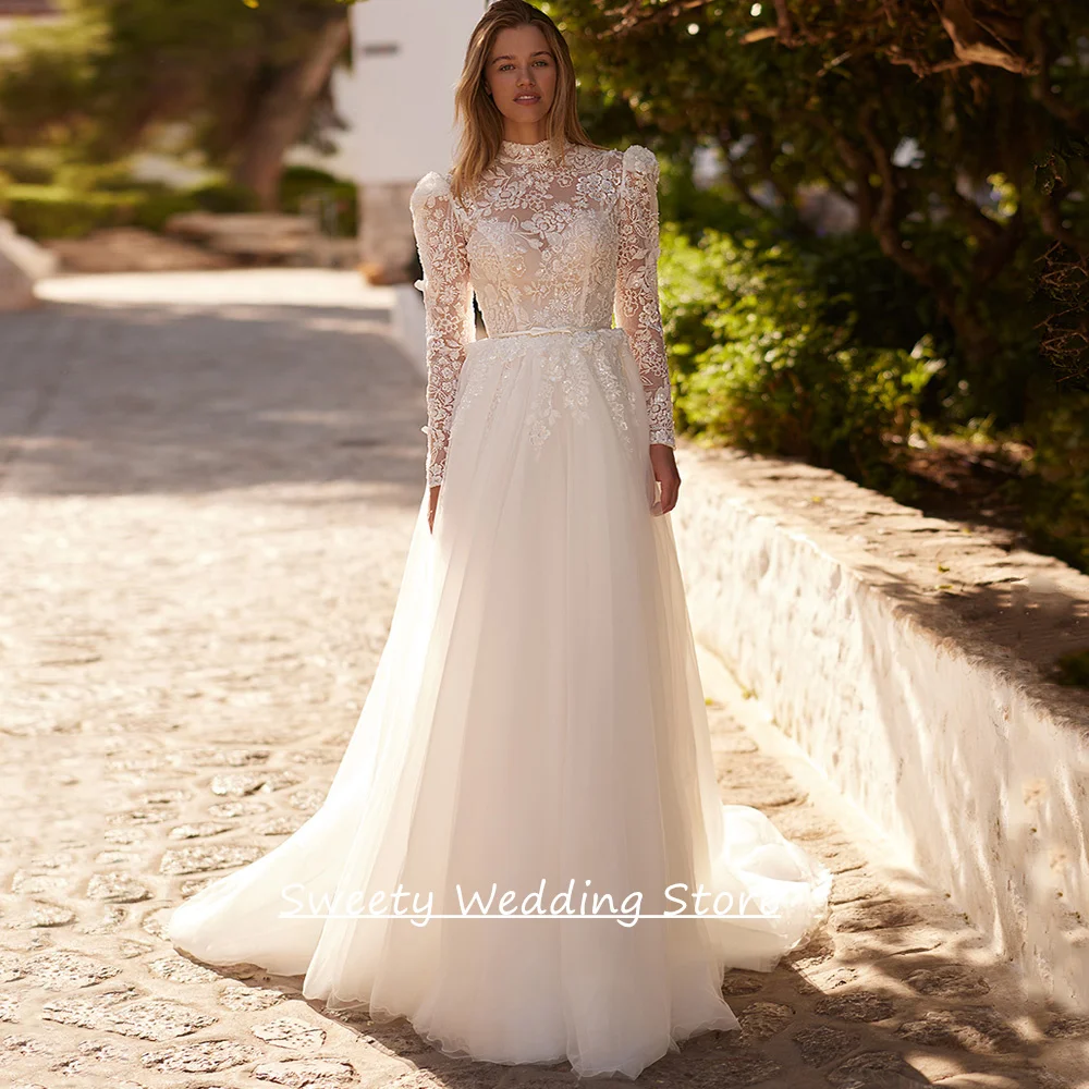 

Chic Wedding Dress with Sparkling Applique Customized High Neck Full Sleeves Back Zipper Buttons Bridal Gown Sweep Train