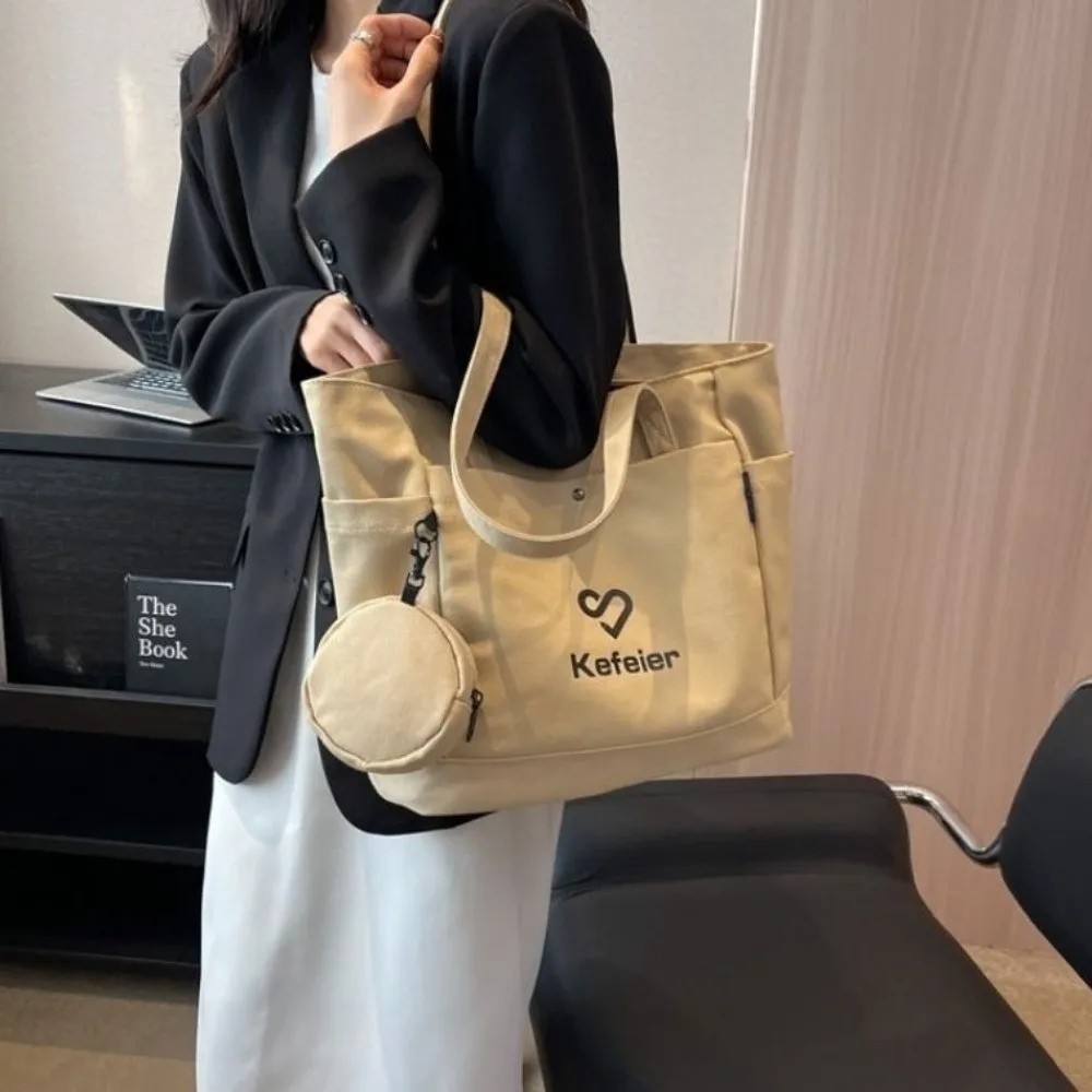 

Корейская холщовая сумка-тоут через плечо с маленьким кошельком, вместительная женская сумка на плечо, повседневная однотонная студенческая сумка