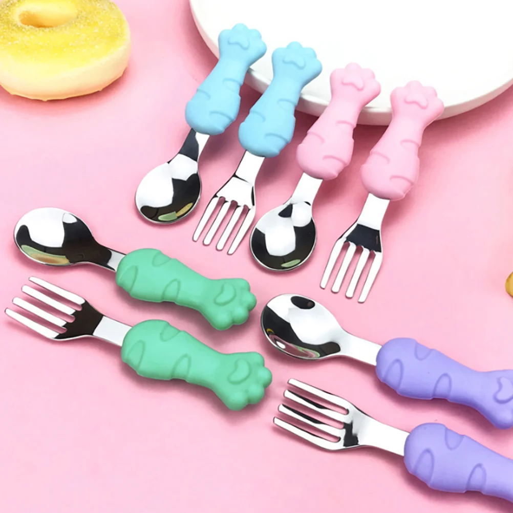 

1Set Silicone Handle Fork Spoon Set for Toddlers Premium Stainless Steel Baby Feeding Utensils Smooth Non-Slip Short Handle