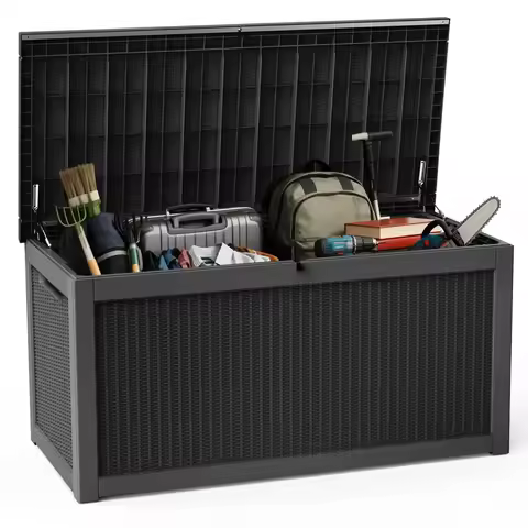 320 Gallon Deck Box, Outdoor Large Waterproof Resin Storage Box with Lockable Lid for Patio Cushions, Gardening Tools Black320