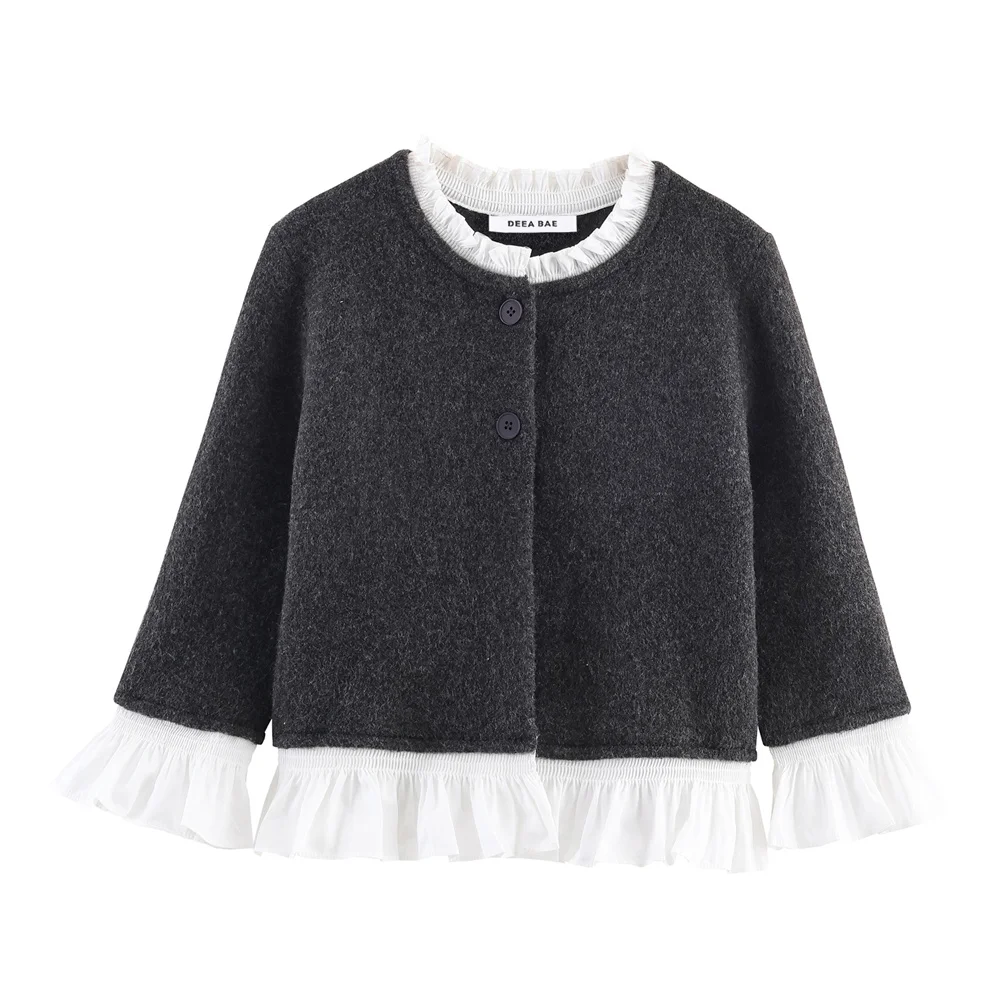 Autumn new women's clothing sweet and fashionable lace patchwork seven quarter sleeve knitted cardigan jacket
